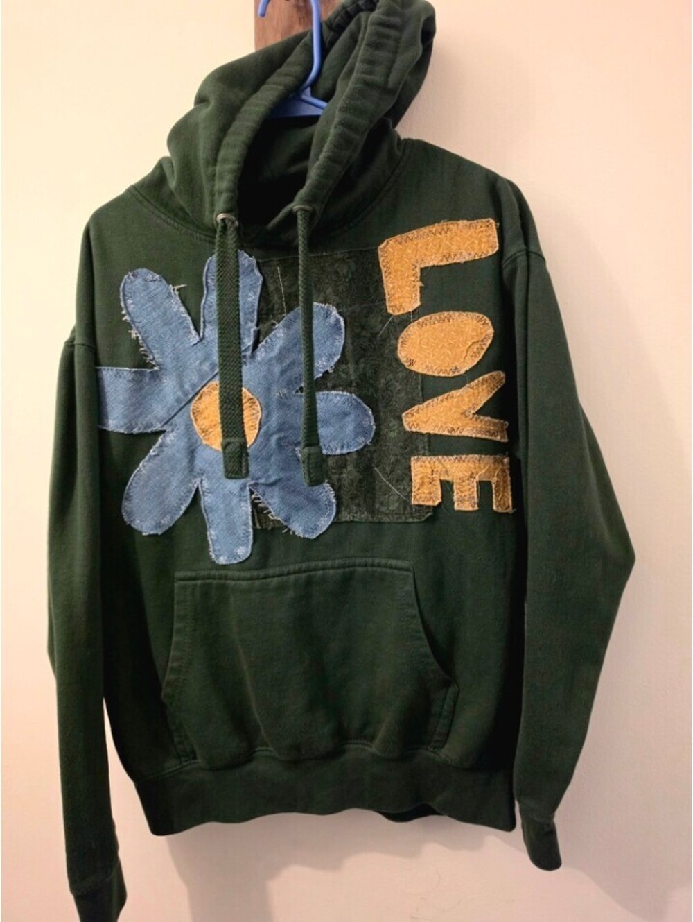 Upcycled Green Hoodie XL Denim Flower LOVE Applique Wearable Art